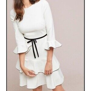 Shoshanna Wonderland White Dress Black Contrast Trim sz 10 Ruffles Tiered French
